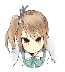 Rule 34 | &gt;:(, 1girl, alternate hairstyle, blush, bow, brown hair, cosplay, dress shirt, frown, hair ornament, hair ribbon, highres, kantai collection, kasumi (kancolle), kasumi (kancolle) (cosplay), long hair, michishio (kancolle), ooyama imo, orange eyes, ribbon, shirt, side ponytail, solo, suspenders, v-shaped eyebrows