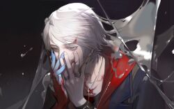 Rule 34 | 1boy, blood, blood on face, cross, cross necklace, devil may cry, devil may cry (series), devil may cry 4, devil trigger, hands on own face, highres, jacket, jewelry, long hair, male focus, necklace, nero (devil may cry), simple background, solo, user mkwp8753, white hair