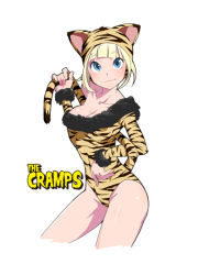Rule 34 | 1girl, 9aki, animal costume, animal hat, animal print, blonde hair, blue eyes, cat hat, copyright name, hat, holding, holding own tail, holding with tail, kittysuit, leotard, nontraditional playboy bunny, prehensile tail, short hair, simple background, solo, tail, tail grab, the cramps, tiger print, white background