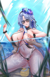 Rule 34 | 1girl, absurdres, air bubble, alsace (azur lane), alsace (heat beating summer sacrament) (azur lane), azur lane, bare shoulders, barefoot, between breasts, bikini, bird, black bikini, black hairband, black scrunchie, blue eyes, blue hair, blue nails, blue sky, blush, breast strap, breasts, bubble, chick, chinese commentary, collarbone, commentary request, day, detached collar, disembodied hand, flower, food, full body, grabbing, grabbing another&#039;s breast, hair flower, hair ornament, hairband, highres, holding, holding food, holding popsicle, iue (artist), kneeling, large breasts, long hair, looking at viewer, manjuu (azur lane), navel, nipples, official alternate costume, open mouth, palm leaf, parted bangs, partially submerged, popsicle, scrunchie, sidelocks, sky, solo focus, stomach, strap between breasts, sunglasses, swimsuit, untied bikini, variant set, very long hair, water, wavy mouth, wrist straps