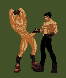 Rule 34 | 2boys, animated, animated gif, bar censor, bara, censored, character request, erection, full body, gairen, guilty gear, handjob, lowres, m.u.g.e.n, male focus, multiple boys, penis, penis grab, pixel art, sol badguy, topless male, wince, yaoi