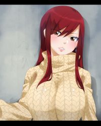 Rule 34 | 1girl, absurdres, blush, breasts, brown eyes, earrings, erza scarlet, eyes visible through hair, fairy tail, gaston18, highres, jewelry, large breasts, lips, long hair, looking at viewer, red hair, smile, solo, sweater, turtleneck, turtleneck sweater
