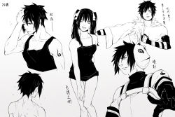 Rule 34 | 1boy, 1girl, anbu, arm up, armor, artist request, bare arms, bare legs, bare shoulders, black hair, breasts, cleavage, closed mouth, collarbone, dress, dressing, elbow gloves, facial mark, facing viewer, genderswap, genderswap (mtf), gloves, hair between eyes, hair ribbon, hair ribbons, hair tie, hair up, hand up, happy, jacket, japanese text, kanji, long hair, looking at viewer, looking to the side, mask, menma (naruto), monochrome, muscular, naruto, naruto: road to ninja, naruto (series), naruto shippuuden, nightgown, nipples, one eye closed, open mouth, outstretched arm, parted lips, pectorals, ribbon, sexy no jutsu, short hair, sleeveless, smile, spiked hair, standing, tattoo, teeth, text focus, tongue, translation request, twintails, wet, whisker markings, whisker marks, whiskers