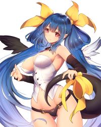 Rule 34 | 1girl, arc system works, asymmetrical wings, black panties, blue hair, blush, breasts, buttons, corset, detached collar, dizzy (guilty gear), guilty gear, guilty gear xrd, hair ribbon, holding tail, large breasts, long hair, navel, oro (sumakaita), panties, red eyes, ribbon, simple background, smile, solo, tail, tail ornament, tail ribbon, twintails, underwear, white background, wings
