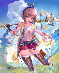 Rule 34 | 1girl, atelier (series), atelier ryza, atelier ryza 1, belt, beret, blue belt, boots, breasts, brown eyes, brown hair, cleavage, cloud, cloudy sky, commentary request, day, drawstring, field, flask, gloves, grass, hair ornament, hairclip, hat, highres, holding, holding staff, jewelry, looking at viewer, medium breasts, necklace, ogimotozukin, open clothes, open mouth, pouch, red shorts, reisalin stout, round-bottom flask, shirt, short shorts, shorts, skindentation, sky, smile, solo, staff, standing, star (symbol), star necklace, thigh boots, thigh pouch, thighhighs, thighhighs under boots, thighs, vial, white thighhighs, zettai ryouiki