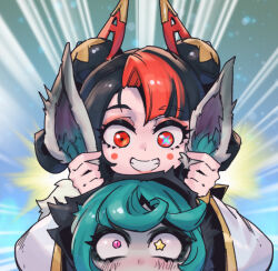 Rule 34 | 2girls, animal ears, black hair, black jacket, blush, blush stickers, closed eyes, commentary request, double bun, fake animal ears, grabbing another&#039;s ear, green hair, grin, gwen (league of legends), hair bun, hand on another&#039;s ear, hands up, hood, hood up, hooded jacket, jacket, league of legends, long hair, long sleeves, multicolored background, multicolored hair, multiple girls, mythmaker gwen, phantom ix row, pink eyes, rabbit ears, red eyes, red hair, short hair, smile, streaked hair, swept bangs, teeth, vex (league of legends), yordle