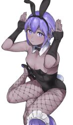 Rule 34 | 1girl, animal ears, arm warmers, black arm warmers, black bow, black bowtie, black footwear, black leotard, bow, bowtie, breasts, closed mouth, collar, collarbone, dark-skinned female, dark skin, detached collar, fake animal ears, fake tail, fate/grand order, fate (series), fishnet pantyhose, fishnets, full body, hands up, hassan of serenity (fate), high heels, highres, hyakuashi2525, leotard, light blush, looking at viewer, mini bowtie, pantyhose, playboy bunny, purple eyes, purple hair, rabbit ears, rabbit pose, rabbit tail, shiny skin, short hair, simple background, sitting, small breasts, smile, solo, tail, white background, white collar, yokozuwari