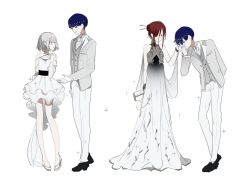 Rule 34 | 3others, alternate costume, alternate hairstyle, androgynous, bad id, bad twitter id, bare shoulders, blue eyes, blue hair, blunt bangs, blush, cinnabar (houseki no kuni), closed eyes, diamond (houseki no kuni), dress, dual persona, formal, full body, gloves, grey suit, hair bun, hair over one eye, height difference, high heels, holding hands, houseki no kuni, kiss, kissing hand, looking at another, mina hiragi, multiple others, phosphophyllite, phosphophyllite (ll), red eyes, red hair, see-through, short hair, single hair bun, smile, sparkle, spoilers, suit, vest, white background, white eyes, white hair