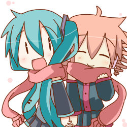 Rule 34 | 2girls, :d, chibi, chibi miku, crossover, drill hair, hatsune miku, holding hands, kasane teto, minami (colorful palette), multiple girls, open mouth, red scarf, scarf, shared clothes, shared scarf, smile, twin drills, twintails, utau, vocaloid, | |