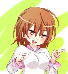 Rule 34 | 1girl, breasts, brown eyes, brown hair, commentary request, dress, floral print, green background, hair between eyes, hands up, i.u.y, light blush, long sleeves, medium breasts, medium hair, messy hair, misaka worst, open mouth, pointing, slit pupils, solo, teeth, toaru majutsu no index, toaru majutsu no index: new testament, upper body, upper teeth only, v-shaped eyebrows, vietnamese dress, white dress