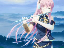 Rule 34 | 1girl, bad id, bad pixiv id, breasts, cloud, detached sleeves, closed eyes, flute, headset, highres, hinata nao, hyuuga nao, instrument, large breasts, long hair, megurine luka, midriff, mountain, navel, pink hair, sky, solo, very long hair, vocaloid