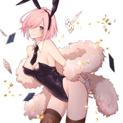 Rule 34 | 1girl, alternate costume, bare shoulders, black hairband, black necktie, black thighhighs, breasts, card, cleavage, closed mouth, coin, detached collar, fate (series), fur trim, hair over one eye, hairband, highres, leotard, looking at viewer, mash kyrielight, medium breasts, necktie, orii (orii i), pink hair, playboy bunny, purple eyes, short hair, smile, solo, standing, thighhighs, thighs