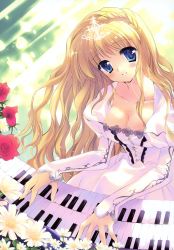 Rule 34 | 1girl, absurdres, blonde hair, blue eyes, blush, breasts, cleavage, daffodil, dress, flower, highres, piano keys, rei (rei&#039;s room), rose, solo, tiara, white dress