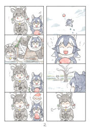 Rule 34 | 2girls, ^ ^, aged down, animal ears, antlers, ball, bandaged leg, bandages, bell, black hair, chibi, child, closed eyes, comic, day, deer ears, flying sweatdrops, fur collar, furrowed brow, gloves, green eyes, grey hair, grey wolf (kemono friends), heterochromia, holding, holding ball, horns, jacket, jingle bell, kemono friends, long hair, long sleeves, looking at another, multicolored hair, multiple girls, murakami kou (raye), neck bell, open mouth, outdoors, page number, pantyhose, puff of air, red eyes, reindeer (kemono friends), reindeer antlers, sigh, silent comic, sitting, smile, snow, tail, twintails, two-tone hair, very long hair, white hair, wolf ears, wolf girl, wolf tail, yellow eyes
