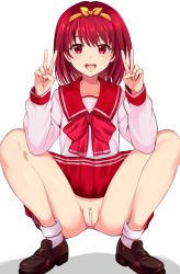 Rule 34 | 1girl, absurdres, bar censor, bow, censored, double v, hairband, highres, kamigishi akari, looking at viewer, no panties, open mouth, pukara, pussy, red bow, red eyes, red hair, red skirt, school uniform, serafuku, short hair, simple background, skirt, socks, solo, squatting, to heart, to heart (series), v, white background, white socks, yellow hairband