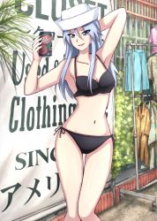 Rule 34 | 1girl, arm behind head, arm up, armpits, bikini, black bikini, blue eyes, breasts, can, cleavage, commentary, day, dixie cup hat, dr pepper, drink can, english text, flint (girls und panzer), girls und panzer, hat, highres, holding, holding can, long hair, looking at viewer, medium breasts, military hat, navel, omachi (slabco), open mouth, outdoors, palm tree, side-tie bikini bottom, silver hair, smile, soda can, solo, standing, swimsuit, thigh gap, thighs, tree, white hat