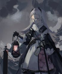 Rule 34 | 1girl, absurdres, arknights, belt, black coat, black gloves, closed mouth, cloud, cloudy sky, coat, cowboy shot, dress, earrings, elbow gloves, expressionless, gloves, head wings, highres, holding, holding lantern, irene (arknights), jewelry, lantern, layered dress, long hair, looking at viewer, open clothes, open coat, outdoors, scar, scar across eye, scar on face, sheath, sheathed, silver hair, sky, solo, sword, very long hair, weapon, white dress, wings, xiaole