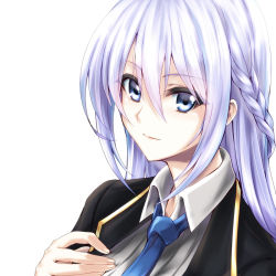 Rule 34 | 1girl, bad id, bad pixiv id, blue eyes, blue necktie, braid, closed mouth, commentary, elias (sennen sensou aigis), eyes visible through hair, formal, hair between eyes, hand on own chest, kurokawa (silve), light purple hair, light smile, long hair, looking at viewer, necktie, portrait, sennen sensou aigis, simple background, solo, suit, white background