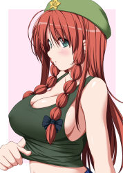 Rule 34 | 1girl, :o, antenna hair, bare shoulders, border, braid, breasts, cleavage, collarbone, covered erect nipples, from side, green eyes, green headwear, green tank top, hair between eyes, hat ornament, highres, hong meiling, large breasts, long hair, looking at viewer, midriff, navel, nori tamago, outside border, parted lips, pink background, pulled by self, red hair, shirt grab, side braids, sideboob, simple background, solo, star (symbol), star hat ornament, tank top, touhou, twin braids, upper body, very long hair, white border
