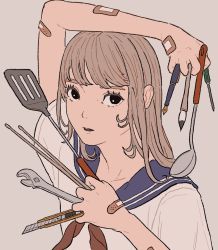 Rule 34 | 1girl, bandaid, black eyes, blue sailor collar, brown hair, drumsticks, grey background, highres, holding, holding drumsticks, holding ladle, holding paintbrush, holding pen, holding screwdriver, holding spatula, holding wrench, ladle, long hair, looking at viewer, open mouth, original, paintbrush, pen, sailor collar, screwdriver, shirt, short sleeves, simple background, solo, spatula, white shirt, wrench, yuusei tsukiro