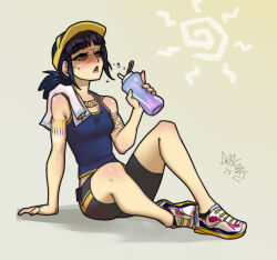Rule 34 | 1girl, arm support, baseball cap, bike shorts, black hair, black shorts, blue tank top, bottle, commentary, commission, creatures (company), crop top, dated, dragonfu, english commentary, full body, game freak, gradient background, hat, holding, holding bottle, kate mikolajczyk (silverfox442), knee up, midriff, nintendo, open mouth, pokemon, ponytail, shadow, shoes, shorts, sidelocks, signature, simple background, sitting, sneakers, solo, sportswear, sun, sweat, tank top, tattoo, yellow eyes, yellow hat