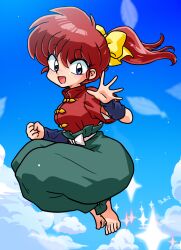 Rule 34 | 1girl, alternate hairstyle, barefoot, blue eyes, bow, chinese clothes, cloud, genderswap, genderswap (mtf), hair bow, highres, ponytail, ranma-chan, ranma 1/2, red hair, saotome ranma, solo, sparkle, tagme, tangzhuang, wanta (futoshi), wristband