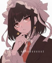 Rule 34 | 1girl, artist name, black hair, blunt bangs, brown jacket, celestia ludenberg, collared shirt, commentary, criis-chan, danganronpa: trigger happy havoc, danganronpa (series), earrings, hand on own chin, hand up, headdress, jacket, jewelry, looking at viewer, nail polish, necktie, red eyes, red nails, red necktie, shirt, short hair, simple background, solo, white background