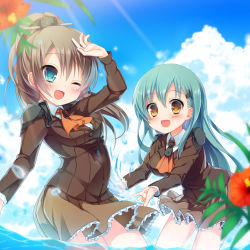 Rule 34 | 10s, 2girls, :d, ;d, amamine, ascot, bad id, bad pixiv id, blue eyes, blurry, brown eyes, brown hair, cloud, cowboy shot, day, depth of field, flower, green hair, hair ornament, hairclip, horizon, in water, kantai collection, kumano (kancolle), long hair, looking at viewer, multiple girls, one eye closed, open mouth, outdoors, ponytail, school uniform, sky, smile, suzuya (kancolle), wading, water