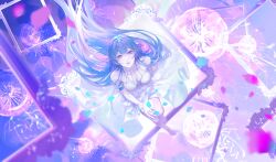 Rule 34 | 1girl, abstract background, absurdly long hair, absurdres, alternate costume, arm support, bare arms, bare legs, bare shoulders, barefoot, blue hair, blue petals, breasts, chinese commentary, cleavage, collarbone, commentary, dress, falling petals, from above, full body, hamel (path to nowhere), highres, jellyfish, knee up, long hair, looking at viewer, looking up, medium breasts, path to nowhere, petals, picture frame, purple eyes, purple petals, sitting, solo, toes, very long hair, white dress, zhuling