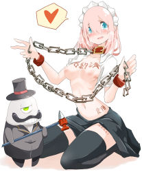 Rule 34 | 1girl, black thighhighs, blue eyes, blush, body writing, breasts, breath, chain, collar, cyclops, facial hair, green eyes, grin, hammer, hat, heart, maid, maid headdress, mustache, navel, one-eyed, open clothes, open mouth, open shirt, original, pink hair, shirt, simple background, skirt, smile, spoken heart, takagi (tansuke), tally, tansuke, tears, thighhighs, top hat, translated, white background
