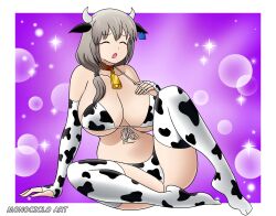Rule 34 | 1girl, animal ears, animal print, bikini, breasts, cleavage, closed eyes, collar, collarbone, cow bikini, cow ears, cow girl, cow horns, cow print, cow print bikini, cow tail, cowbell, fingerless gloves, gloves, hand on own chest, highres, horns, huge breasts, large breasts, mature female, monociclo art, navel, neck bell, print bikini, print gloves, print thighhighs, purple background, sparkle, swimsuit, tail, thighhighs, uzaki-chan wa asobitai!, uzaki tsuki, white bikini, white gloves, white thighhighs