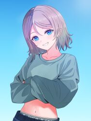 Rule 34 | 1girl, blue eyes, blush, brown hair, earrings, highres, jewelry, looking at viewer, love live!, love live! sunshine!!, midriff, short hair, simple background, smile, solo, stomach, strawberryhat, underwear, watanabe you, wavy hair