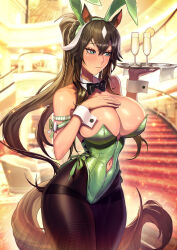 Rule 34 | 1girl, absurdres, alternate costume, animal ears, arknights, bare shoulders, black bow, blurry, blurry background, blush, bow, bowtie, braid, breasts, brown hair, cleavage, clothing cutout, commission, depth of field, detached collar, fake animal ears, fishnets, green bow, green eyes, green leotard, hair between eyes, hand on own chest, highleg, highleg leotard, highres, horse ears, large breasts, leotard, long hair, meteor (arknights), navel, navel cutout, pantyhose, playboy bunny, ponytail, rabbit ears, sb (dlwnsrl1783), side-tie leotard, solo, standing, strapless, strapless leotard, tail, thick thighs, thighs, tray, very long hair, wrist cuffs