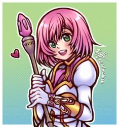 Rule 34 | 1girl, :d, dress, estellise sidos heurassein, gloves, green eyes, hair between eyes, heart, holding, holding staff, looking at viewer, open mouth, pink hair, short hair, signature, smile, solo, staff, tales of (series), tales of vesperia, teeth, thaumana, twitter username, upper body, upper teeth only, white dress, white gloves