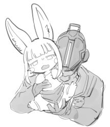 Rule 34 | 1boy, 1other, absurdres, animal ears, black gloves, bondrewd, furry, gloves, greyscale, highres, holding, made in abyss, mask, monochrome, nanachi (made in abyss), open mouth, size difference, sweat, tory (tory29)