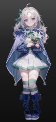 Rule 34 | 1girl, absurdres, ahoge, bow, bowtie, cloak, closed mouth, commission, copyright request, dress, flower, full body, gradient background, green bow, green bowtie, green ribbon, green thighhighs, grey background, grey hair, hair ornament, hair ribbon, highres, holding, holding flower, hood, hood down, hooded cloak, long hair, nekodayo22, pixiv commission, pleated dress, purple cloak, purple eyes, purple footwear, ribbon, skull hair ornament, skull ornament, striped clothes, striped thighhighs, tabletop rpg, thighhighs, two-tone thighhighs, white dress, white flower, white thighhighs