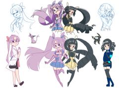 Rule 34 | &gt;:o, 2girls, :o, armband, black hair, bow, closed eyes, cosplay, creatures (company), daphne (looney bear), daphne (loony bear), drill hair, dual persona, eeveelution project, elbow gloves, espeon, espeon (cosplay), forehead jewel, game freak, gen 2 pokemon, glasses, gloves, hair ribbon, lab coat, locked arms, long hair, loony bear, magical girl, maia (looney bear), maia (loony bear), multiple girls, nintendo, npc trainer, open mouth, original, personification, pokemon, pokemon ranger (pokemon), purple eyes, purple hair, red eyes, ribbon, scientist (pokemon), siblings, simple background, sisters, sketch, skirt, smile, standing, thighhighs, twintails, umbreon, umbreon (cosplay), v-shaped eyebrows, v over eye, very long hair, white background, zettai ryouiki