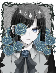 Rule 34 | 1girl, absurdres, ado (utaite), black bow, black bowtie, black coat, black hair, blue eyes, blue flower, blue hair, blue rose, bow, bowtie, chando (ado), closed mouth, cloud nine inc, coat, collared shirt, colored inner hair, commentary, dress shirt, flower, flower brooch, flower over eye, grey background, grey shirt, highres, light particles, looking at viewer, multicolored hair, nemophila2929, open clothes, open coat, outside border, rose, shirt, solo, two-tone hair, upper body, utaite