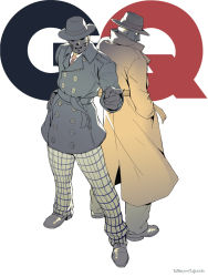 Rule 34 | 2boys, alternate costume, back-to-back, belt, black gloves, capcom, coat, commentary, cosplay, english commentary, fedora, full body, g (street fighter), gloves, hand on own hip, hands in pockets, hat, long coat, male focus, mask, multiple boys, name connection, necktie, pants, plaid, plaid pants, pointing, pointing forward, pun, q (street fighter), q (street fighter) (cosplay), rejean dubois, shoes, street fighter, street fighter iii (series), street fighter v, trench coat