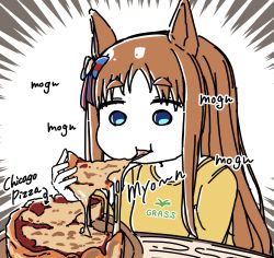 Rule 34 | 1girl, 1koma, absurdres, alternate costume, animal ears, blue bow, blue eyes, bow, brown hair, character name, cheese, chicago deep dish pizza, comic, commentary, dakappa, ear bow, emphasis lines, english text, food, grass wonder (umamusume), highres, holding, holding food, holding pizza, horse ears, horse girl, long hair, long sleeves, multicolored hair, pizza, red bow, shirt, sidelocks, silent comic, simple background, sketch, solo, sound effects, striped, striped bow, sweater, thick eyebrows, two-tone bow, two-tone hair, umamusume, upper body, white background, white hair, yellow shirt