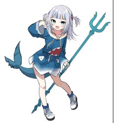 Rule 34 | 1girl, :d, blue eyes, blue hair, blue hoodie, blue nails, blue socks, drawstring, fins, fish tail, full body, gawr gura, grey hair, hair ornament, hand up, holding trident, hololive, hololive english, hood, hood down, hoodie, long hair, long sleeves, mauve, multicolored hair, nail polish, open mouth, shark tail, sharp teeth, shoes, simple background, sleeves past wrists, smile, socks, solo, standing, standing on one leg, streaked hair, tail, teeth, two side up, virtual youtuber, white background, white footwear, wide sleeves