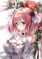 Rule 34 | asalilysuke, blue eyes, breasts, cleavage, feather hair ornament, feathers, flower, gloves, hair flower, hair ornament, highres, large breasts, light smile, own fingers together, pink flower, pink hair, pink rose, princess connect!, red flower, red rose, rose, white gloves, yui (princess) (princess connect!), yui (princess connect!)