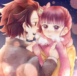 Rule 34 | 1boy, 1girl, black hair, brown hair, butterfly hair ornament, clothes, coat, commentary request, couple, earrings, hair ornament, japanese clothes, jewelry, kamado tanjirou, kimetsu no yaiba, long sleeves, multiple boys, open mouth, pink scarf, purple hair, red eyes, red hair, scarf, side ponytail, simple background, smile, snow, snowing, tsuyuri kanao, violet viora, yellow coat