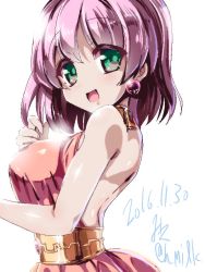 Rule 34 | 1990s (style), 1girl, 2016, back, blush, breasts, dated, dress, final fantasy, final fantasy v, green eyes, jewelry, large breasts, lenna charlotte tycoon, looking at viewer, miuku (marine sapphire), open mouth, pink hair, short hair, sleeveless, sleeveless dress, smile, solo
