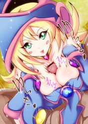 Rule 34 | 1boy, 1girl, bad id, bad pixiv id, bar censor, bare shoulders, blonde hair, blush, blush stickers, breasts, censored, choker, cleavage, dark magician girl, duel monster, green eyes, hat, heart, hetero, highres, large breasts, long hair, looking at viewer, paizuri, paizuri under clothes, penis, pentacle, smile, tongue, tongue out, wizard hat, yasakano tama, yu-gi-oh!, yuu-gi-ou, yu-gi-oh! duel monsters