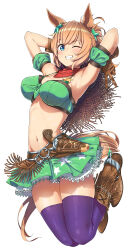 Rule 34 | 1girl, absurdres, animal ears, armband, armpits, arms behind head, arms up, bare shoulders, blue eyes, blush, breasts, brown footwear, brown gloves, cleavage, commentary request, full body, gloves, green armband, green skirt, hat on back, highres, horse ears, horse girl, horse tail, large breasts, legs up, light brown hair, long hair, looking at viewer, miniskirt, navel, one eye closed, ponytail, purple thighhighs, shinomu (cinomoon), simple background, skirt, smile, solo, stomach, taiki shuttle (umamusume), tail, teeth, thighhighs, thighs, umamusume, v, white background