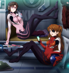 Rule 34 | 10s, 2girls, :o, blue eyes, brown hair, cellphone, collarbone, covered navel, drinking straw, evangelion: 3.0 you can (not) redo, eyepatch, glasses, hair ornament, hair over breasts, long hair, looking at another, makinami mari illustrious, microwave, multiple girls, neon genesis evangelion, open mouth, phone, plugsuit, rebuild of evangelion, shian (my lonly life.), sitting, souryuu asuka langley, table