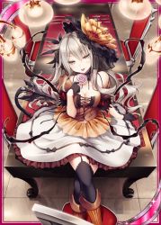 Rule 34 | 1girl, akkijin, candy, card (medium), demon girl, demon tail, dress, flower, food, hair flower, hair ornament, lollipop, looking at viewer, red ribbon, ribbon, shinkai no valkyrie, grey eyes, silver hair, solo, spiral, tail, thighhighs, tongue, tongue out, white dress