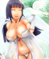 Rule 34 | 1girl, bare shoulders, bird, black hair, breasts, cleavage, curvy, dove, elbow gloves, female focus, flower, gloves, hair flower, hair ornament, highres, hyuuga hinata, large breasts, lips, long hair, naruto, naruto (series), navel, revealing clothes, sakuama, grey eyes, smile, solo, thighs, white gloves, wide hips