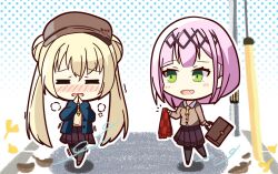 Rule 34 | 2girls, = =, alternate costume, bag, black hairband, blonde hair, blush, blush stickers, brown skirt, chibi, chibi only, cold, commentary request, double bun, facing viewer, fang, green eyes, hair between eyes, hair bun, hairband, holding, holding bag, holding clothes, holding scarf, long hair, looking at another, medium hair, multiple girls, nose blush, notice lines, open mouth, outdoors, own hands together, pink hair, pleated skirt, polka dot, polka dot background, red scarf, scarf, school bag, school uniform, shirayuki noa, simple background, skin fang, skirt, smile, standing, tamayuki7519, tanikaze amane, tenshi souzou re-boot!, trembling, twintails, white background, wind, winter
